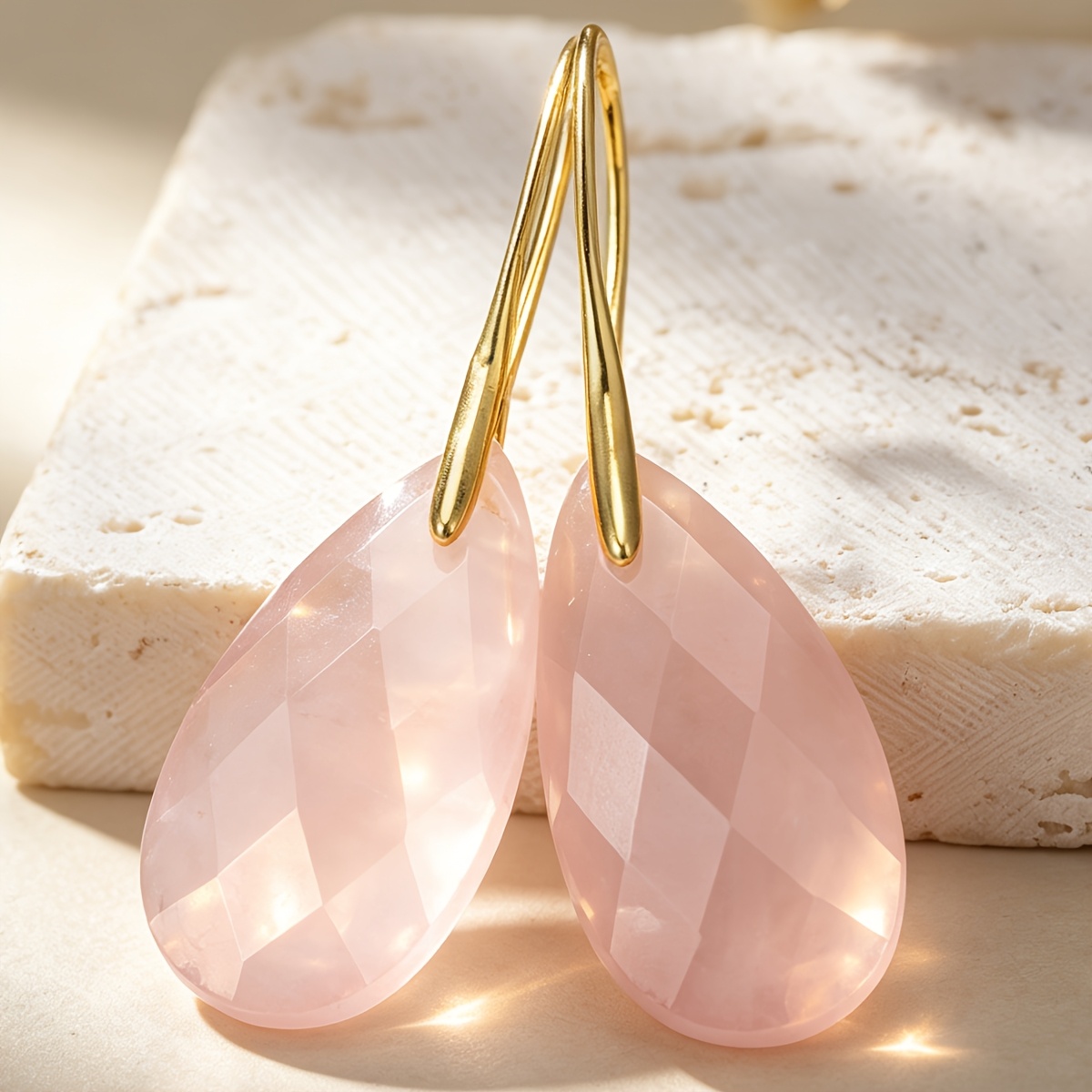Women's Rose Quartz Water Drop Pendant Earrings, Bohemian